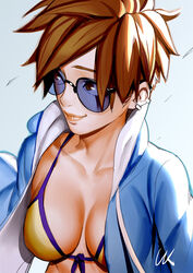 backlighting bikini blue-tinted_eyewear blue_background blue_jacket blue_sky breasts brown_eyes brown_hair casual collarbone day ear_piercing earrings female front-tie_bikini front-tie_top highres jacket jewelry lips lolik long_sleeves looking_to_the_side medium_breasts open_clothes open_jacket overwatch piercing short_hair signature sky smile solo spiked_hair sunglasses swimsuit tinted_eyewear tracer upper_body yellow_bikini