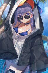 animal_costume bare_shoulders bikini bikini_top blue_eyes choker collarbone dasui191023 fate/grand_order fate_(series) female flat_chest hair_ribbon highres hood hood_up hoodie looking_over_eyewear looking_over_glasses meltryllis meltryllis_(swimsuit_lancer)_(fate) oversized_clothes palm_tree penguin_costume purple_hair ribbon sleeves_past_wrists solo sunglasses swimsuit tinted_eyewear tree water