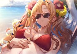 bangs bare_shoulders beach beach_chair bikini blonde_hair bracelet breasts cleavage closed_eyes collarbone female flower granblue_fantasy hair_flower hair_intakes hair_ornament hairband hibiscus jewelry large_breasts long_hair looking_at_viewer navel o-ring parted_lips red_bikini sleeping sola_(solo0730) solo sunglasses sunlight swimsuit tinted_eyewear twintails zeta_(granblue_fantasy)