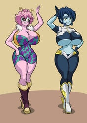 2girls alternate_breast_size art-2u ass awata_kaoruko big_ass big_breasts black_sclera blue_hair blue_skin bodysuit boots breasts bubble_girl cleavage clothed clothed_female curvy female female_only hero_outfit_(mha) horns huge_breasts kaoruko_awata large_breasts mina_ashido multiple_girls my_hero_academia pink_hair pink_skin skin_tight slim_waist thick_thighs thin_waist underboob wide_hips