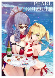 2girls ahoge arm_strap bangs bare_shoulders bikini blonde_hair blue_nails blush breast_press breasts carmilla_(fate) cleavage collarbone criss-cross_halter cup day earrings emerald_(gemstone) eyebrows_visible_through_hair fate/grand_order fate_(series) fingernails green_eyes groin hair_intakes halterneck holding holding_cup jewelry kakumayu large_breasts long_fingernails long_hair looking_at_viewer looking_over_eyewear looking_over_glasses lowleg lowleg_bikini multiple_girls nail_polish navel nero_claudius_(fate) nero_claudius_(swimsuit_caster) outdoors parted_lips red_bikini side-tie_bikini sidelocks silver_hair skindentation smile stomach striped striped_bikini sunglasses swimsuit thighs tinted_eyewear tropical_drink twintails yellow_eyes