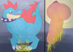 1boy absurd_res animal_genitalia anthro anthrofied ass blush bodily_fluids close-up collar crocodile crocodilian crocodylid desperation embarrassed feet feral feraligatr genital_fluids genital_slit hi_res hybrid_genitalia hybrid_penis knot knotted_humanoid_penis male male_only mel21-12 nintendo omorashi peeing penis piss pissing pokémon_(species) pokemon pokemon_gsc potty_dance reptile scalie slit solo spiked_collar spikes tail text thick_thighs trembling urine veins video_games watersports wet wetting wide_hips