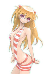 1girls asuka_langley_sohryu bracelet breasts erect_nipples female female_only glasses halterneck henreki_san jewelry long_hair medium_breasts neon_genesis_evangelion sling_bikini smile solo solo_female striped striped_swimsuit sunglasses swimsuit tinted_eyewear