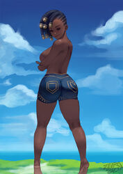 1girls big_ass clouds covering covering_breasts cutesexyrobutts_(style) dark-skinned_female dark_skin dreadlocks facing_viewer female female_only league_of_legends looking_at_viewer looking_back riot_games senna_(league_of_legends) shorts smile smiling soles solo solo_focus spread_legs standing standing_on_tip_toes tiptoes turned_away zefra_bleu