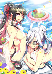 2girls ahoge alternate_costume arm_support asashimo_(kantai_collection) ass bangs bare_shoulders bikini black_hair blush bow breasts choker collarbone elbow_rest enemy_lifebuoy_(kantai_collection) erect_nipples eyebrows_visible_through_hair flower hair_between_eyes hair_over_one_eye hair_ribbon hand_on_own_neck hidori_(hibi_toridori) kantai_collection large_breasts leaning light_particles long_hair looking_at_viewer looking_over_eyewear looking_over_glasses multicolored_hair multiple_girls naganami_(kantai_collection) oerba_yun_fang open_mouth partially_submerged pink_hair ponytail poolside ribbon shiny shiny_skin silver_hair sitting smile sunglasses swimsuit teeth tinted_eyewear two-tone_hair wet white_bikini yellow_eyes