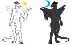 animal_genitalia anthro balls black_body black_feathers blue_eyes chest_tuft crotch_tuft digital_media_(artwork) digitigrade draconic drakanguis fangs feathers flaccid genitals hi_res horn knot male male_only muscular nude pawpads penis pit_organ smile solo standing talons tapering_penis teeth tuft vile_(artist) vile_(vile) white_body white_feathers yellow_eyes