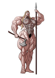 abs axe bare_shoulders barefoot big_muscles blonde_hair blue_eyes braid breasts edit extreme_muscles female fishnets large_breasts lips long_hair muscle muscular muscular_female navel nipples r2roh red_lipstick solo spear thick_thighs third-party_edit twin_braids valkyrie veins veiny_muscles warrior weapon