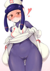 blush bodysuit breasts brown_eyes cameltoe covered_navel dress dress_lift erect_nipples female hat heart helmet highres jpeg lifted_by_self looking_at_viewer meddy.exe medi.exe medium_breasts mega_man mega_man_battle_network nakareki no_panties nurse_cap orange-tinted_eyewear purple_bodysuit rockman rockman_exe skin_tight smile solo tinted_eyewear visor white_dress wide_hips