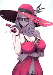 arm_under_breasts breasts carmilla_(fate) carmilla_(swimsuit_rider) curly_hair dress fate/grand_order fate_(series) female firearm gun handgun hat highres large_breasts nakamura_regura pistol revolver silver_hair sunglasses tinted_eyewear weapon yellow_eyes