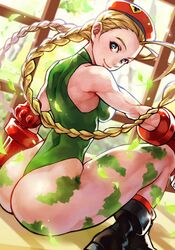 1girls ass beret blonde_hair blue_eyes bodypaint cammy_white dat_ass female huge_ass indoor kinoshita_reiko large_breasts leotard long_hair military muscular_female sideboob sitting smiling street_fighter street_fighter_ii thong_leotard twintails