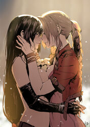 2girls aerith_gainsborough artist_request braided_hair breast_press breast_squish breasts female final_fantasy final_fantasy_vii hug imminent_kiss looking_at_another medium_breasts midriff multiple_girls source_request square_enix tifa_lockhart yuri