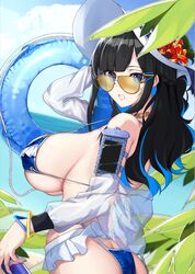 bangs bikini black_hair blue_bikini blue_eyes blush breasts female huge_breasts long_hair looking_at_viewer looking_over_eyewear looking_over_glasses nail_polish open_mouth original solo sunglasses swimsuit tinted_eyewear xiujia_yihuizi yellow-tinted_eyewear