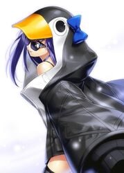 bangs bare_shoulders black_jacket black_legwear blue_bow blue_eyes bow choker fate/grand_order fate_(series) female hair_between_eyes jacket long_hair long_sleeves looking_at_viewer looking_over_eyewear looking_over_glasses meltryllis penguin_hood purple-tinted_eyewear purple_hair sleeves_past_fingers sleeves_past_wrists smile solo sunglasses thighs tinted_eyewear tongue tongue_out very_long_hair white_legwear zen