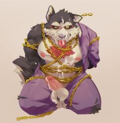 1boy anthro balls black_body black_fur black_sclera bodily_fluids bottomwear canid canine canis chains clothed clothing cum cum_drip cum_on_balls cum_on_body cum_on_chest cum_on_face cum_on_penis domestic_dog dripping fur garmr genital_fluids genitals hands_behind_back heckded humanoid_genitalia humanoid_penis kneeling male male_only mammal nipples pants partially_clothed pecs penis purple_bottomwear purple_clothing purple_pants purple_shirt purple_topwear shirt simple_background solo sweat sweatdrop teeth tokyo_afterschool_summoners tongue tongue_out topwear torn_clothing video_games yellow_eyes