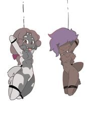 2girls 4_arms 6_arms abdomen anthro arachne armpit_hair arms_behind_back asphyxiation bondage bow breasts brown_fur brown_hair brown_skin fangs female femsub grey_skin hanged monster_girl multi_arm multi_limb multiple_girls multiple_subs nipples nude nude_female original_character purple_hair restrained shy_ayu small_breasts spi'_gyurl spider spider_girl string suspension thighs touranfarts