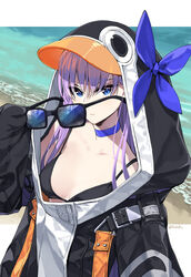 >:( adjusting_eyewear adjusting_glasses animal_costume bangs bare_shoulders beach bikini bikini_under_clothes black_bikini blue-tinted_eyewear blue_choker blue_eyes blush breasts choker cleavage closed_mouth collarbone commentary_request day eyebrows_visible_through_hair eyewear_removed fate/grand_order fate_(series) female hair_between_eyes holding holding_eyewear long_hair long_sleeves looking_over_eyewear looking_over_glasses medium_breasts meltryllis meltryllis_(swimsuit_lancer)_(fate) ocean outdoors outside_border penguin_costume purple_hair sleeves_past_fingers sleeves_past_wrists solo sunglasses swimsuit upper_body v-shaped_eyebrows water yahako