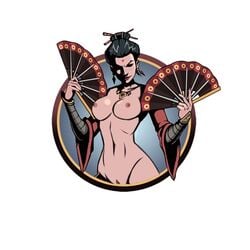 black_hair breasts ear_piercing earrings edit geisha hairpin kimono nude nude_female paper_fan partially_clothed shadow_fight_2 widow_(sf2)