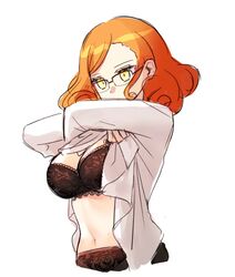 big_breasts black_underwear bra colored_sketch danganronpa danganronpa_another fanganronpa glasses grown_up kuudere looking_down mekaru_rei orange_hair sdra2 shirt smooth_skin super_danganronpa_another_2 underwear undressing wavy_hair white_background yellow_eyes