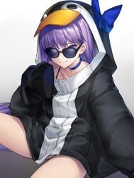 bangs eyebrows_visible_through_hair eyelashes fate/grand_order fate_(series) female highres hood hooded_jacket jacket long_hair looking_at_viewer looking_over_eyewear looking_over_glasses meltryllis meltryllis_(swimsuit_lancer)_(fate) purple_eyes purple_hair shiao sitting sleeves_past_wrists smile solo sunglasses tinted_eyewear very_long_hair