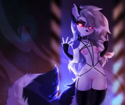 1girls anthro black_body black_fur breasts canid canid_demon collar demon eyebrows eyelashes grey_body grey_fur grey_hair hair hellhound helluva_boss inner_ear_fluff long_hair loona_(helluva_boss) red_sclera standing tomness vivienne_medrano white_body white_eyes white_fur