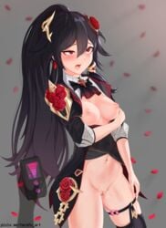 absurdres ahe_gao bangs belly black_dress black_hair breasts clothing dress embarrassed eyebrows_visible_through_hair female flower fu_hua garter_straps hair_between_eyes hair_flower hair_ornament highres honkai_(series) large_breasts long_hair long_sleeves looking_at_viewer medium_breasts navel ponytail red_eyes red_flower rose small_breasts stockings thighhighs torofu vibrator vibrator_cord