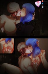 2girls blue_hair breast_grab breasts closed_eyes clothing dbd dead_by_daylight female female/female female_only feng_min kissing law-zilla multiple_girls nurse_(dead_by_daylight) open_mouth sally_smithson the_nurse yuri