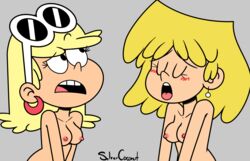 2girls blonde_female blush breasts closed_eyes earrings female female_only human leni_loud lori_loud multiple_females multiple_girls nipples open_mouth silvercoconut sisters straight_hair sunglasses sunglasses_on_head the_loud_house