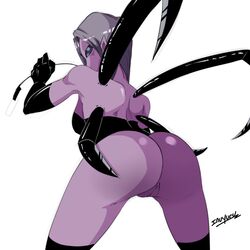 ass ass_focus dominatrix dracogatom_oc exposed_pussy female insect_girl inuyuru monster_girl multi_eye original_character purple_skin spider spider_girl spider_humanoid vasil_(dracogatom) whip