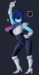 1boy blue_skin bodysuit bulge colored colossalcoochie deltarune doppel edit edited erection_under_clothes faceless_male femboy hair_over_eyes high_heel_boots kris_(deltarune) male male_only posing skin_tight solo solo_male