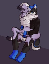 absurd_res anthro ass butt_grab canid canine clothed clothed_sex clothing commission_art domestic_cat duo expressions felid feline felis fur_pattern genitals hand_on_butt hi_res hug male male/male mammal pawpads paws penis sex snaft_(character) snaftfc sweater topwear