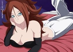 android android_21 android_21_(human) bed big_breasts blue_eyes brown_hair bryaxrt dragon_ball dragon_ball_fighterz female female_only laying_on_bed long_hair solo solo_female solo_focus