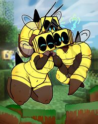 ? ambiguous_gender antennae bee bee_(minecraft) blue_eyes blush cute flying minecraft stinger wheatley_grim wide_hips wings