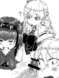 013_(hamsasuke) 2girls black_and_white blush breasts commentary cum cum_in_hands cum_in_mouth hatsuzuki_(kantai_collection) kantai_collection medium_breasts multiple_girls penis penis_on_face surprised zara_(kantai_collection)