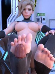 3d blender blender_(software) breasts eyes_half_open feet female foot_fetish foot_focus foot_fuck footjob footjob_with_legwear free_use free_use_feet half-closed_eyes hetero mercy naughty_face naughty_smile overwatch passive_footjob smile soles stepped_on toeless_legwear toeless_socks toes