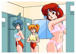 3girls 90s akane_tendo armpits bare_arms blue_bra blue_eyes blue_hair blue_headband bra breasts brocken_(game) brown_eyes brown_hair buruma cleavage clothing eyebrows_visible_through_hair female female_only game_cg green_eyes gym_uniform headband indoors locker locker_room looking_at_another lowres m.i.n matching_hair/eyes medium_breasts multiple_girls navel official_art open_mouth orange_hair panties parody pink_bra pink_panties ranma_1/2 side_ponytail small_breasts smile standing talking thighs tied_hair tongue underwear underwear_only undressing white_border window