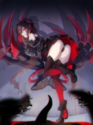 arm_cuffs ass black_hair black_panties blood bloody_hands boots chains claws dress eggplant_(artist) evil_smile female from_behind full_body hair_ornament honkai_(series) honkai_impact honkai_impact_3rd huge_claws looking_at_viewer medium_hair multicolored_hair nasubi_(1ra1ri1ko2cho1mi2na) panties red_eyes red_hair red_legwear seele_vollerei shaded_face shadow short_dress smile thighhighs thighs two-tone_hair underwear