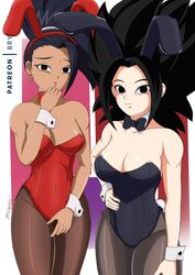 2girls alternate_costume animal_ears big_breasts black_eyes black_hair black_leotard breasts bryaxrt bunny_ears bunny_girl bunnysuit caulifla cleavage closed_mouth dark-skinned_female dark_skin dragon_ball dragon_ball_super fake_animal_ears female female_only female_saiyan kale large_breasts leotard long_hair looking_at_viewer multiple_females multiple_girls ponytail red_leotard saiyan smile standing strapless strapless_leotard toei_animation