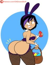 ass basket big_ass big_hero_6 black_hair breasts bunny_ears bunny_girl bunnysuit clenched_teeth codykins123 disney eggs female female_only fishnets flat_colors gogo_tomago legwear looking_down marvel short_hair solo surprised torn_clothes torn_clothing white_background