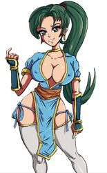 breasts cleavage cosplay crossover dead_or_alive earrings erect_nipples female fire_emblem fire_emblem:_the_blazing_blade green_eyes green_hair jewelry kasumi_(doa) kasumi_(doa)_(cosplay) large_breasts long_hair looking_at_viewer lyn_(fire_emblem) lyndis_(fire_emblem) matching_hair/eyes naughty_face nintendo no_bra no_panties no_underwear ponytail redfoil revealing_clothes seductive_smile smile solo tagme thighhighs