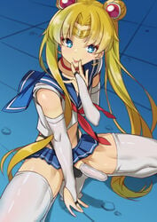 1boy bishoujo_senshi_sailor_moon blonde_hair blue_eyes blue_sailor_collar blue_skirt bridal_gauntlets choker closed_mouth clothing condom condom_on_penis crescent crescent_earrings double_bun earrings erection eyebrows_visible_through_hair femboy genderswap_(ftm) highres husun_wei jewelry little_penis long_hair male_focus meme no_shoes penis red_choker rule_63 sailor_collar sailor_moon sailor_moon_redraw_challenge sailor_senshi_uniform skirt solo stockings thighhighs tiara tile_floor tiles tongue tongue_out trap twintails usagi_tsukino white_legwear