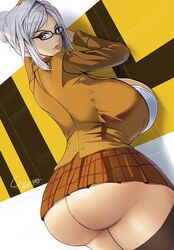 ass big_breasts breasts cigusa exposed_ass female female_only glasses hair_bun huge_breasts long_hair prison_school revealing_clothes shiraki_meiko solo solo_female solo_focus thick_thighs white_hair