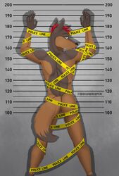 anthro ash_cinder canid canine canis coyote coywolf hi_res hybrid inmate male male_only mammal nude pinup police_tape pose prison prisoner solo wallswhisper wolf wrappings