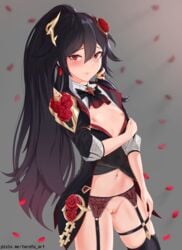 absurdres bangs belly black_dress black_hair breasts closed_mouth dress embarrassed eyebrows_visible_through_hair female flower fu_hua garter_straps hair_between_eyes hair_flower hair_ornament highres honkai_impact long_hair long_sleeves looking_at_viewer navel nipples ponytail pussy red_eyes red_flower rose small_breasts solo thighhighs thighs torofu