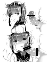 013_(hamsasuke) 1boy breasts commentary expressionless female hatsuzuki_(kantai_collection) kantai_collection medium_breasts medium_hair monochrome penis penis_on_face solo_focus unamused veins veiny_penis