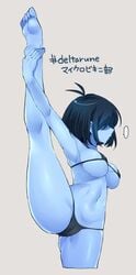 .... 1girls barefoot bikini blue_body blue_skin bra breasts deltarune feet female female_human female_only female_protagonist flexible hair_over_eyes human japanese_text kris_(dark_world_form) kris_(deltarune) leg_up legs short_hair simple_background soles solid_color_background solo solo_female ss_komu standing standing_on_one_leg standing_split text thighs toes translation_request undertale_(series)