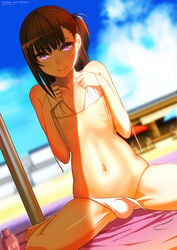 1boy aikawa_kizuna balls_in_panties beach bikini black_hair blush bulge crossdressing femboy girly hair_ribbon looking_at_viewer maisaki male male_focus male_only prunus_girl short_hair side_tie_bikini sitting smile solo solo_male trap untying wariza