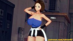 1girls 3d 3d_(artwork) alley bare_shoulders big_breasts blue_eyes brown_hair busty cleavage curvaceous curvy eyebrows_raised female female_focus female_only fingerless_gloves hand_on_hip hands_behind_head huge_breasts jill_valentine jill_valentine_(sasha_zotova) koikatsu large_breasts looking_at_viewer miniskirt no_eyewear patreon pinup pose resident_evil resident_evil_3 revealing_clothes short_hair solo standing sweater_around_waist takeo92 text thick_thighs tight_clothing tubetop wide_hips