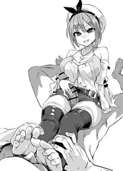 1boy 1girls asanagi atelier_(series) atelier_ryza belt feet feet_on_face monochrome penis reisalin_stout sex short_shorts shorts sitting_on_person tagme thigh_sex thighhighs thighs