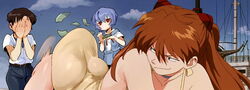 1boy 2girls all_fours ass ass_shake asuka_langley_sohryu bent_over big_ass blue_eyes blue_hair blush brown_hair clothing covering_face doppel dress edit embarrassed expressionless fat_ass_teen female hi_res highres looking_back male meme money naughty_face neon_genesis_evangelion red_eyes rei_ayanami school_uniform screenshot_edit shinji_ikari short_hair smile sundress teen teenage_girl teenager twerking twintails yellow_dress