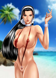 1girls artist_request between_labia big_breasts black_hair breasts chizuru_kagura female innie_pussy king_of_fighters large_breasts nipples snk solo string_bikini swimsuit usmyd_(artist)